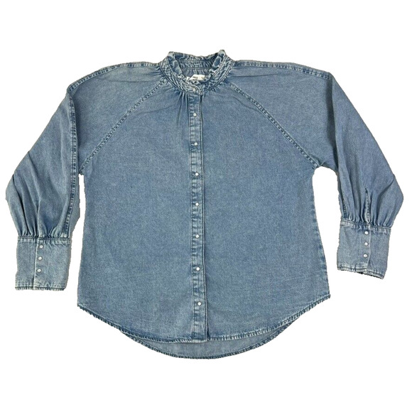 MANGO Shirt Womens Size 6 Frill Collar Denim Raglan Sleeves Snap Button - Picture 1 of 9